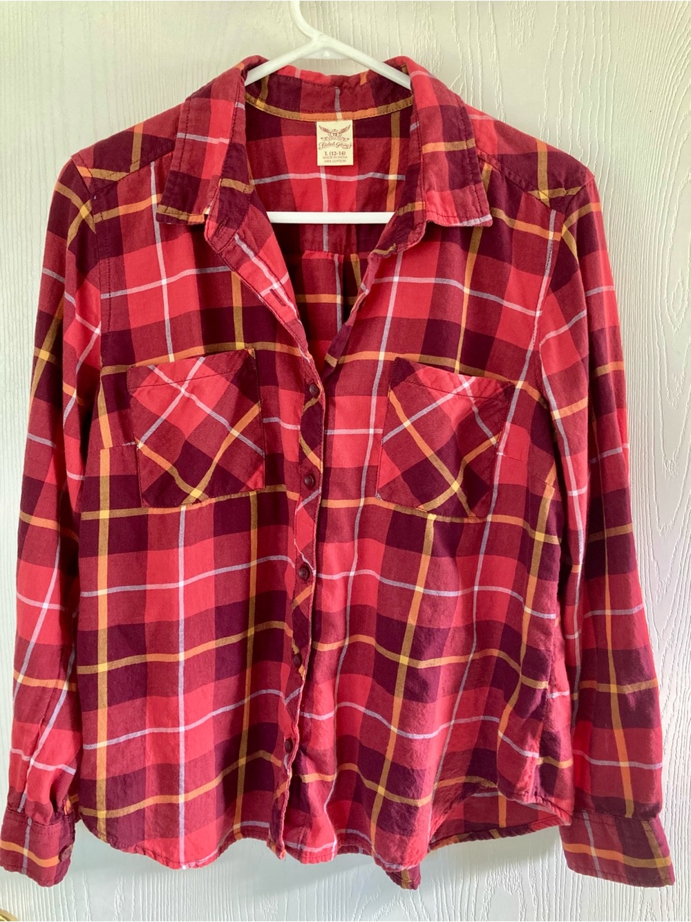 100% Cotton Faded Glory Red Plaid Button-Down Shirt